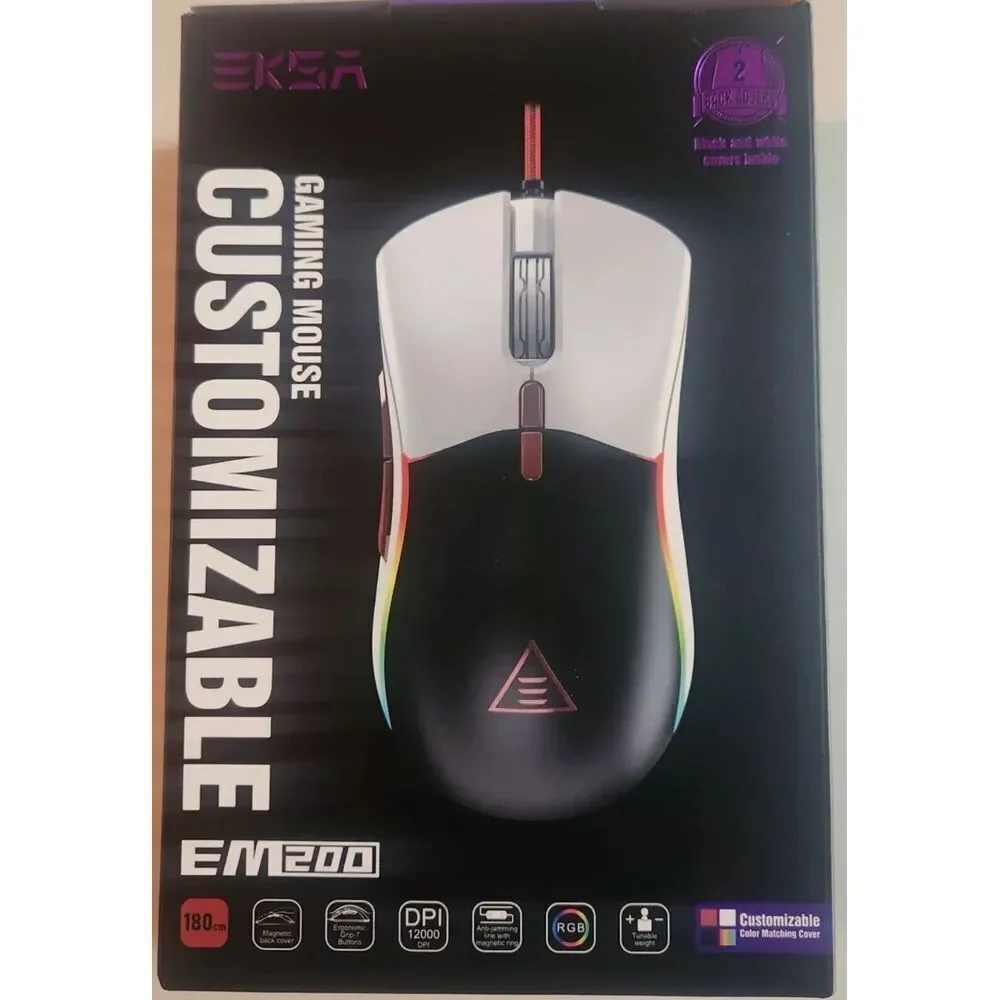 Mouse Da Gioco EKSA EM200, Bianco, Ottico 12000 DPI, 7 Pulsanti, Ergonomico, Cablato